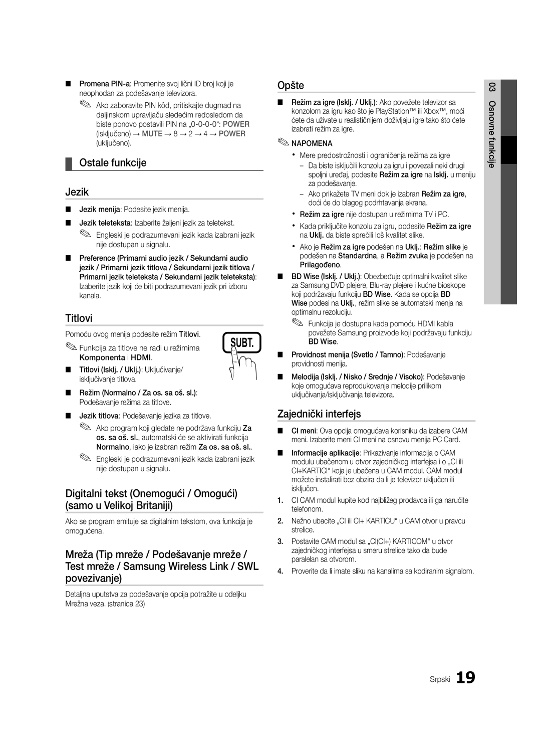 Samsung LE46C630, LE40C630, LE37C630, LE32C630 user manual Ostale funkcije Jezik, Opšte, Zajednički interfejs 