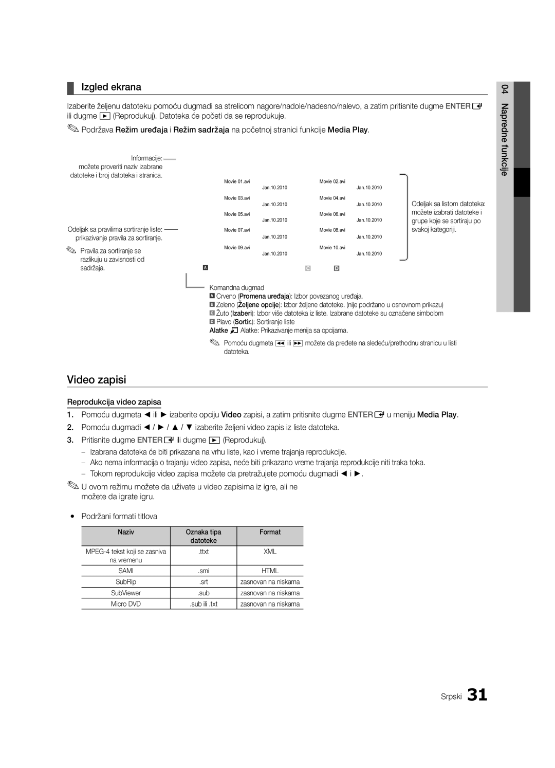 Samsung LE46C630, LE40C630, LE37C630, LE32C630 user manual Video zapisi, Izgled ekrana 