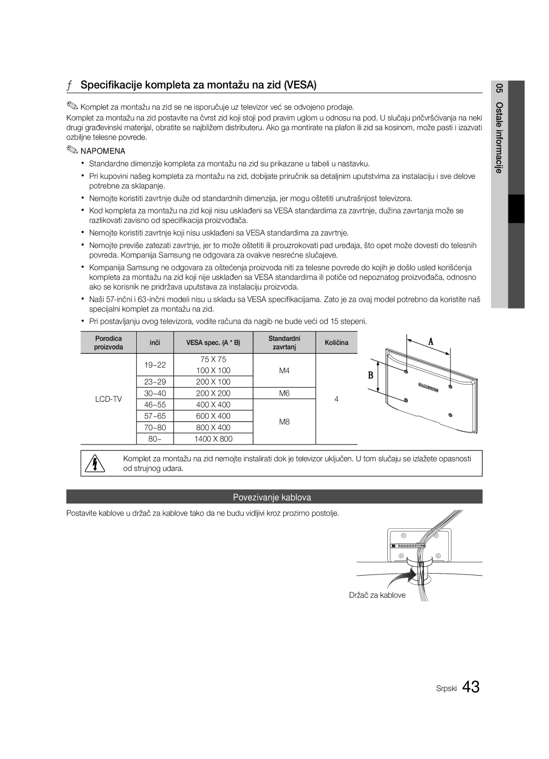 Samsung LE46C630, LE40C630, LE37C630, LE32C630 user manual Specifikacije kompleta za montažu na zid Vesa, Povezivanje kablova 