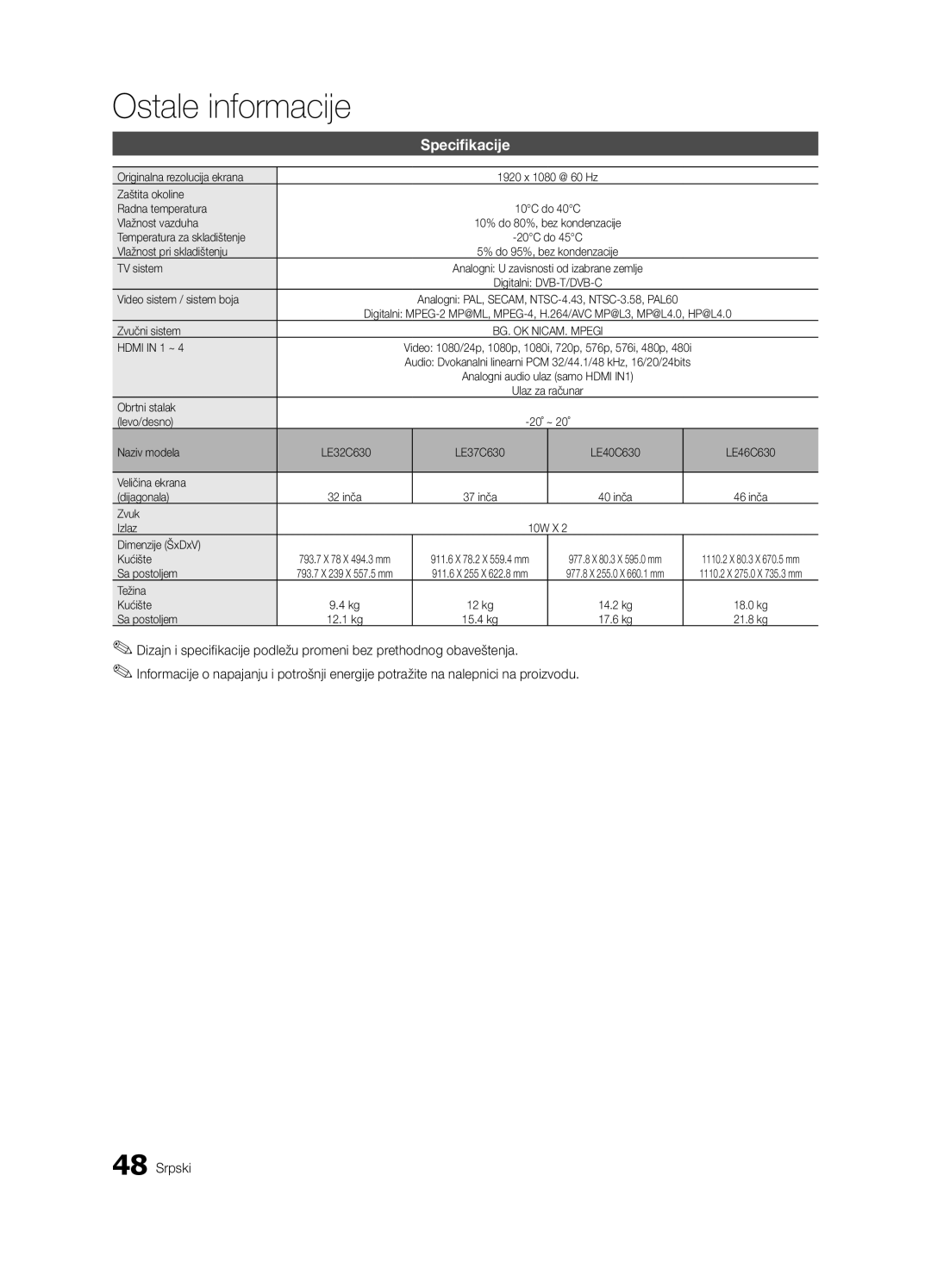 Samsung LE40C630, LE46C630 Originalna rezolucija ekrana, Zaštita okoline Radna temperatura, Vlažnost vazduha, TV sistem 