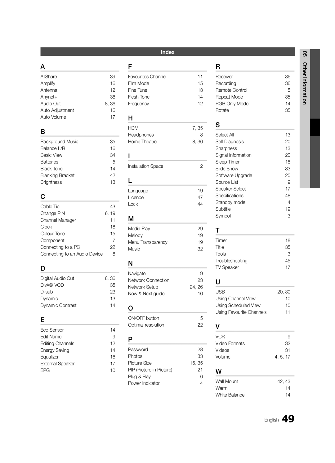 Samsung LE40C630 Index, Favourites Channel Film Mode Fine Tune Flesh Tone Frequency, Connecting to an Audio Device 