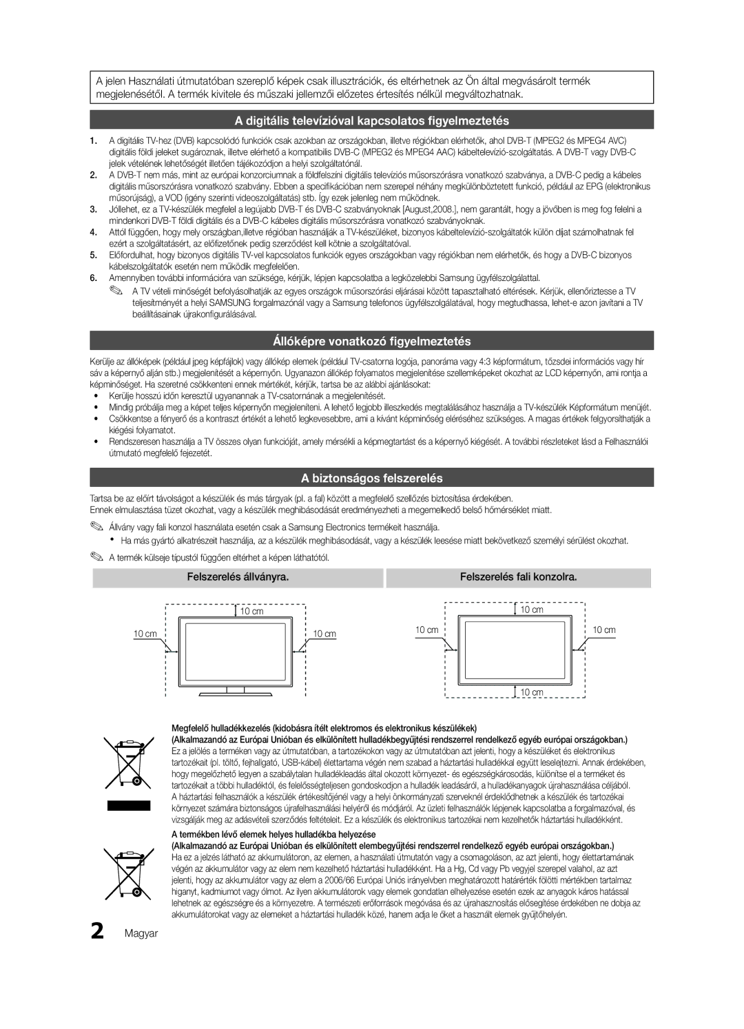 Samsung LE32C630, LE46C630, LE40C630 Biztonságos felszerelés, Felszerelés állványra, Felszerelés fali konzolra, Magyar 