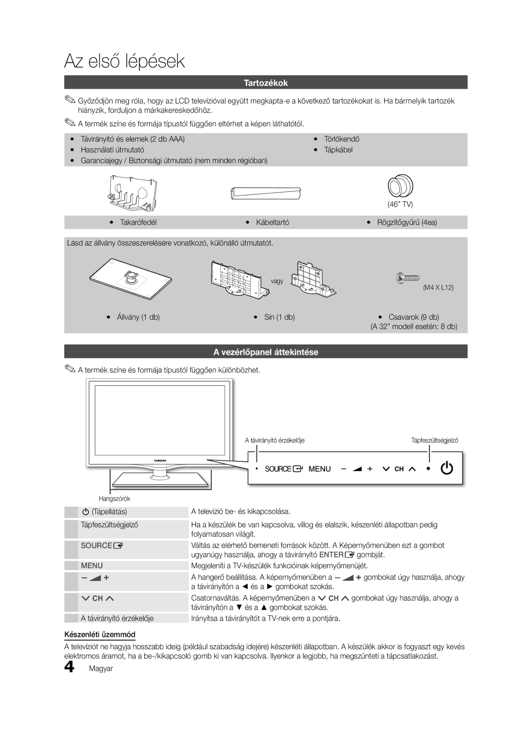 Samsung LE40C630, LE46C630, LE37C630, LE32C630 user manual Az első lépések, Tartozékok, Vezérlőpanel áttekintése 