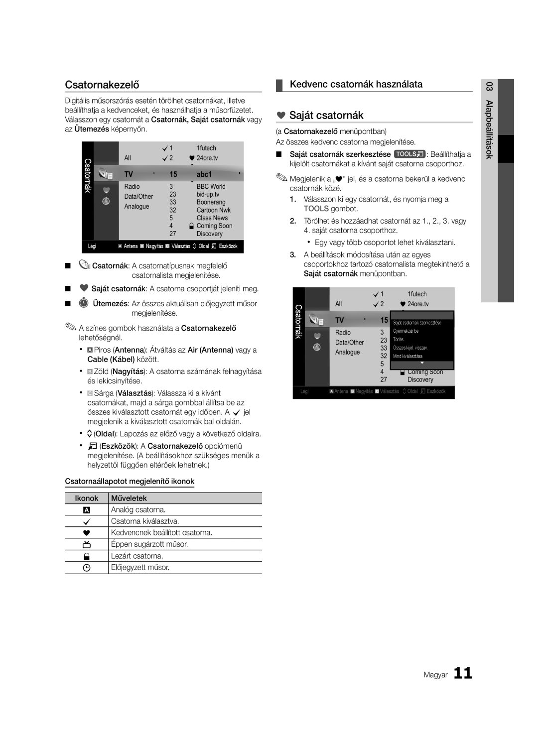 Samsung LE46C630, LE40C630, LE37C630, LE32C630 user manual Csatornakezelő, Saját csatornák, Kedvenc csatornák használata 