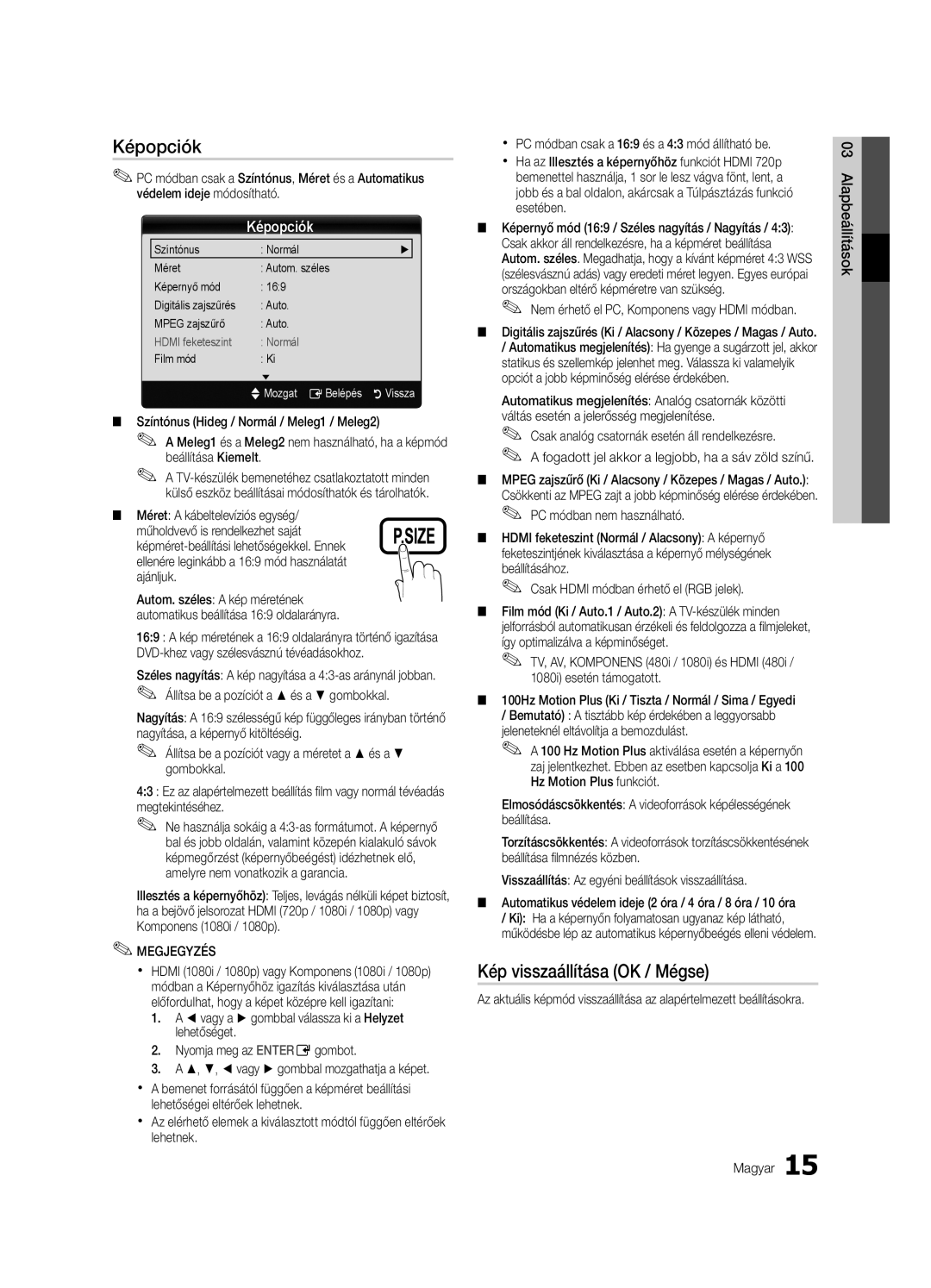 Samsung LE46C630, LE40C630, LE37C630, LE32C630 Képopciók, Kép visszaállítása OK / Mégse, Ajánljuk, Magyar Alapbeállítások 