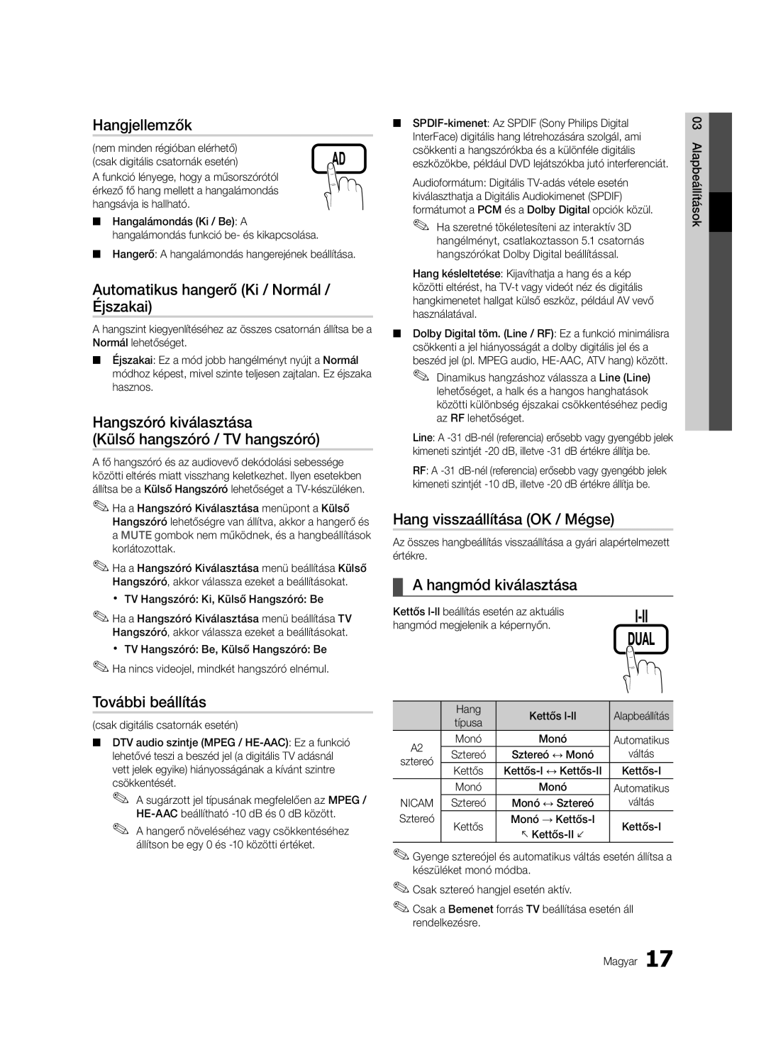 Samsung LE37C630 Hangjellemzők, Automatikus hangerő Ki / Normál / Éjszakai, További beállítás, Hangmód kiválasztása 