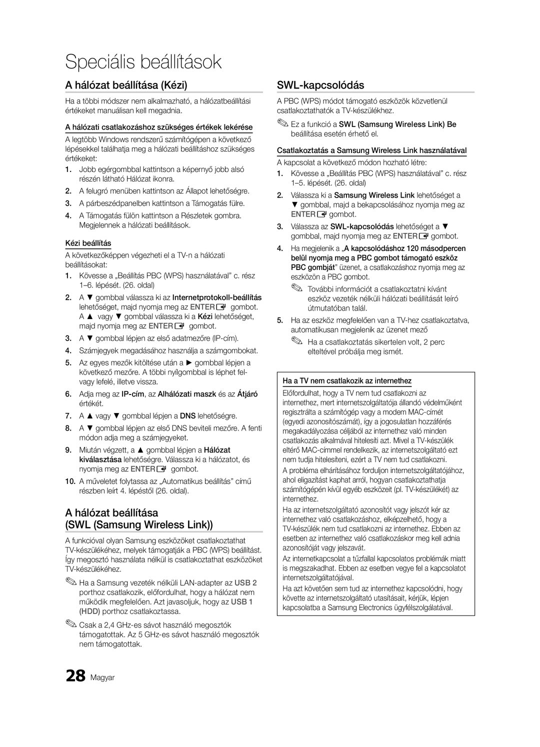 Samsung LE40C630, LE46C630, LE37C630, LE32C630 user manual Hálózat beállítása SWL Samsung Wireless Link, SWL-kapcsolódás 