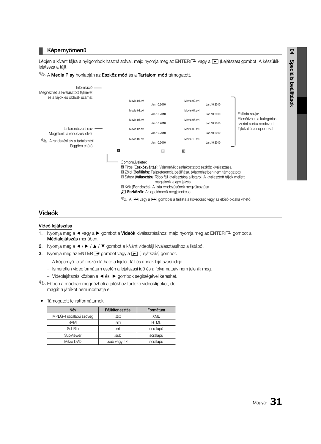 Samsung LE46C630, LE40C630, LE37C630 Videók, Képernyőmenü, Információ, Fájllista sávja, Yy Támogatott feliratformátumok 