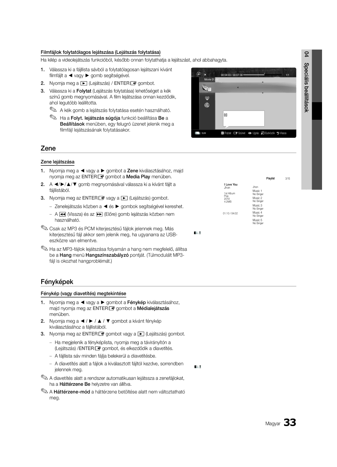 Samsung LE37C630, LE46C630, LE40C630, LE32C630 user manual Zene, Fényképek 