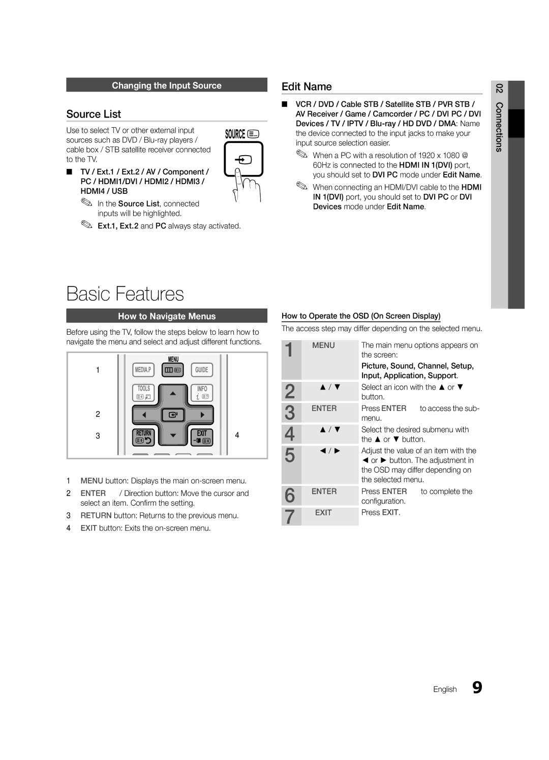 Samsung LE40C630, LE46C630 Basic Features, Source List, Edit Name, Changing the Input Source, How to Navigate Menus 