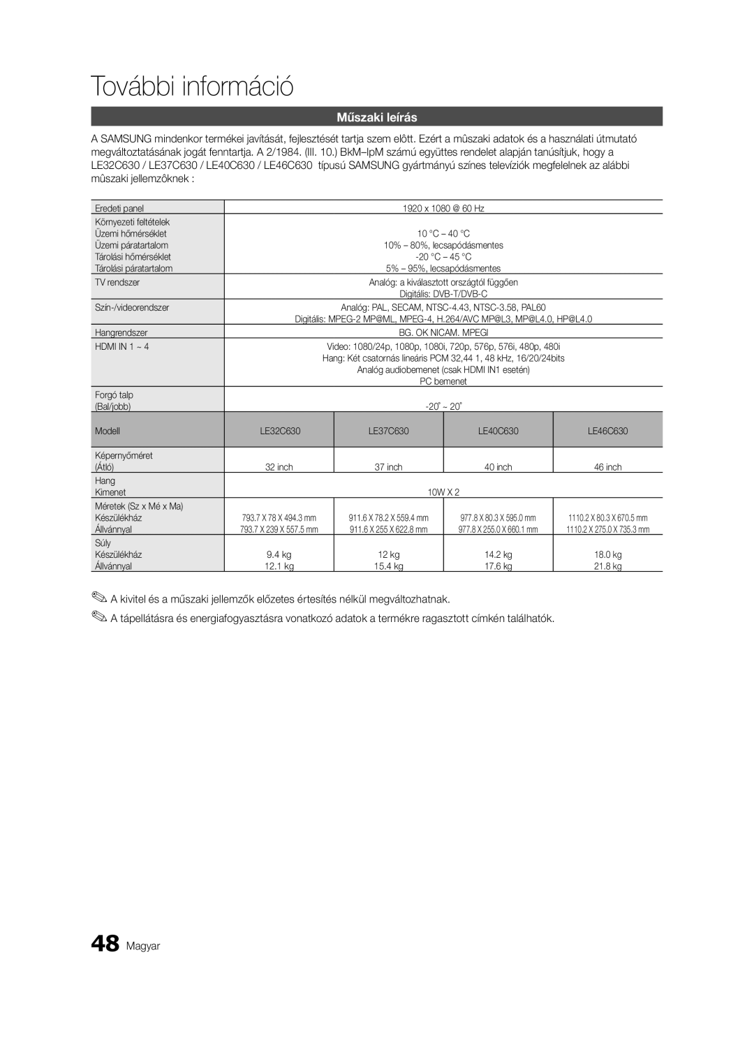 Samsung LE40C630, LE46C630, LE37C630, LE32C630 user manual Műszaki leírás 