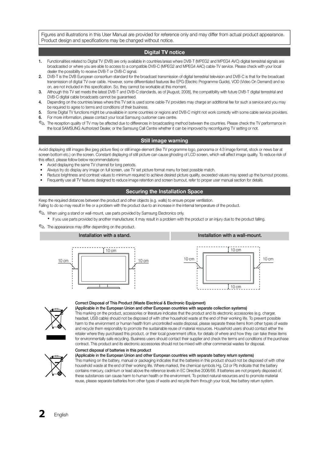 Samsung LE46C650, LE46C652, LE55B650, LE40C650 Digital TV notice, Still image warning, Securing the Installation Space 