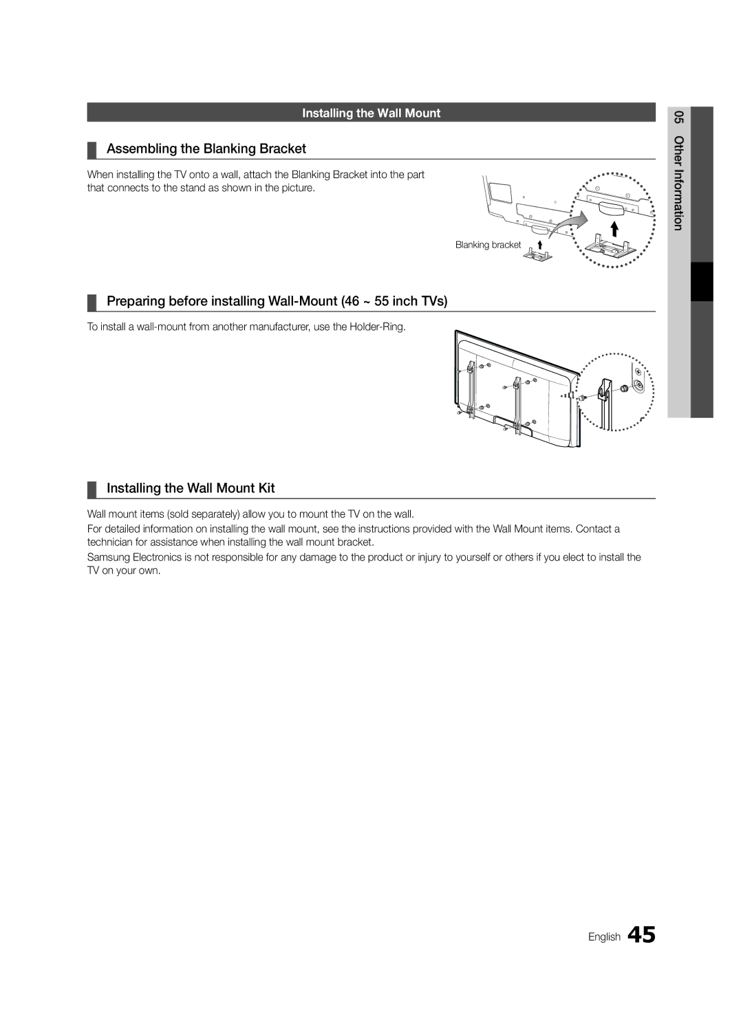 Samsung LE37C650, LE46C652 Assembling the Blanking Bracket, Preparing before installing Wall-Mount 46 ~ 55 inch TVs 