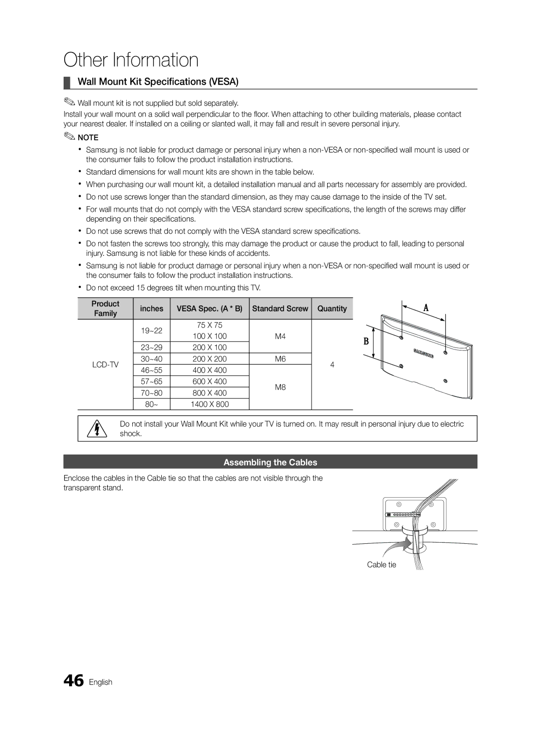 Samsung LE32C652, LE46C652, LE55B650, LE46C650 Wall Mount Kit Specifications Vesa, Assembling the Cables, Quantity, Family 