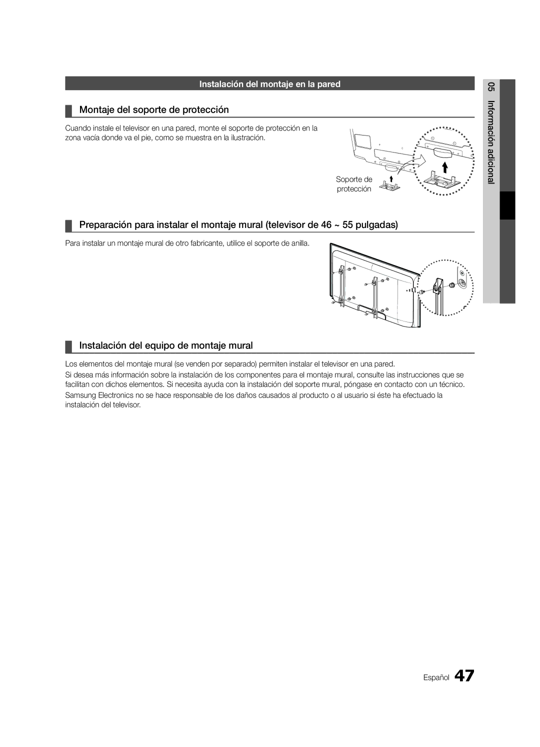 Samsung LE32C653, LE46C653, LE46C654, LE40C653 Montaje del soporte de protección, Instalación del equipo de montaje mural 