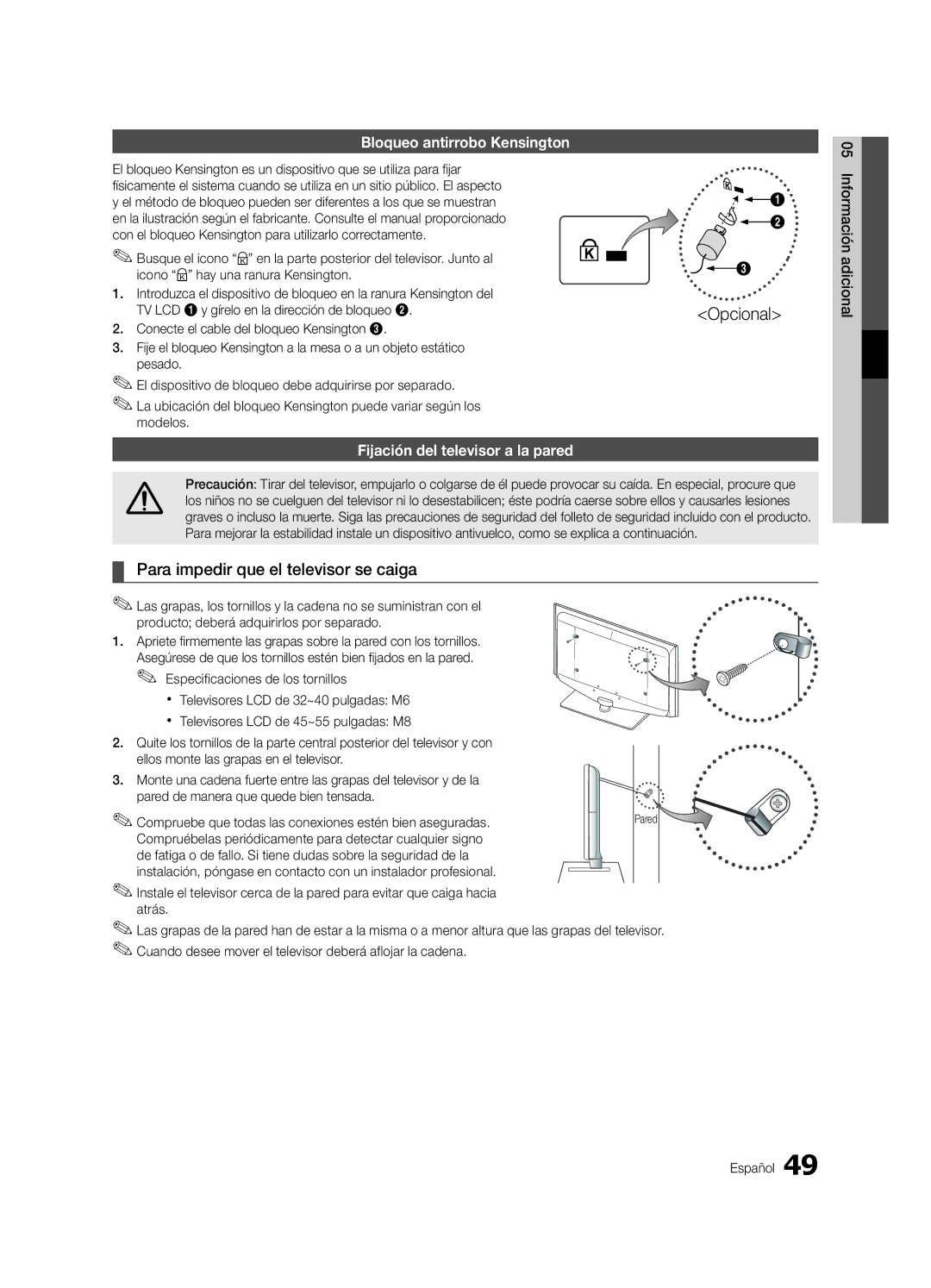 Samsung LE46C654 Para impedir que el televisor se caiga, Bloqueo antirrobo Kensington, Fijación del televisor a la pared 