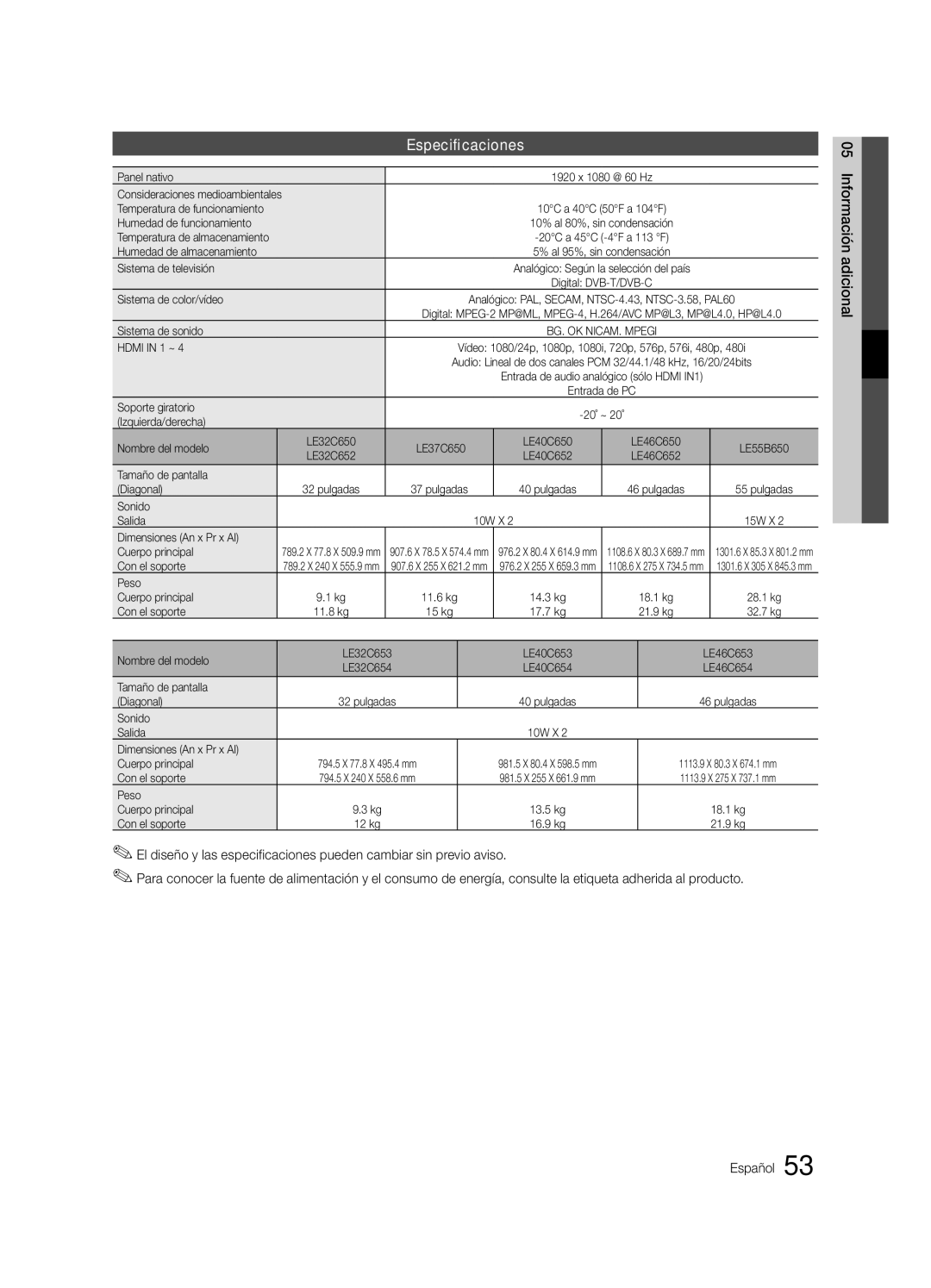 Samsung LE32C653, LE46C653, LE46C654, LE40C653, LE40C654, LE32C654 user manual Especificaciones 