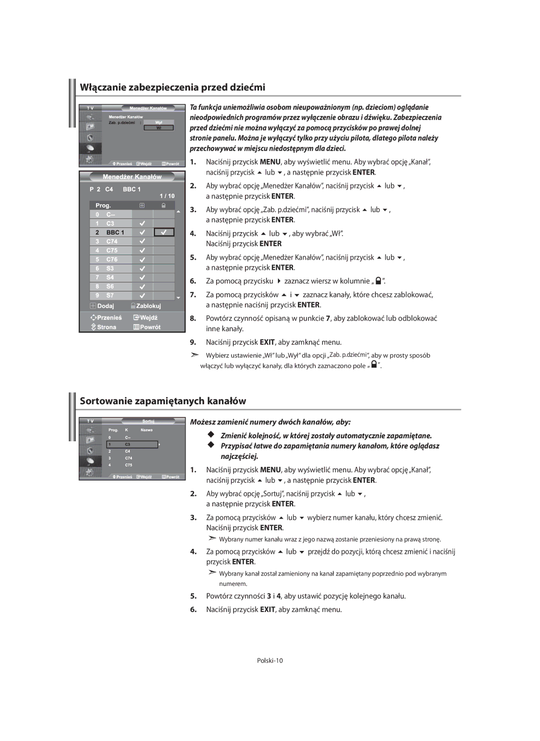 Samsung LE46F7, LE40F7 manual Włączanie zabezpieczenia przed dziećmi, Sortowanie zapamiętanych kanałów 