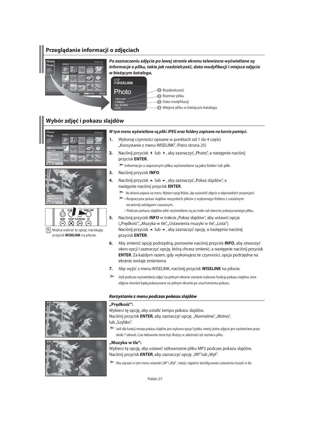 Samsung LE40F7, LE46F7 manual Przeglądanie informacji o zdjęciach, Wybór zdjęć i pokazu slajdów, „Prędkość, „Muzyka w tle 