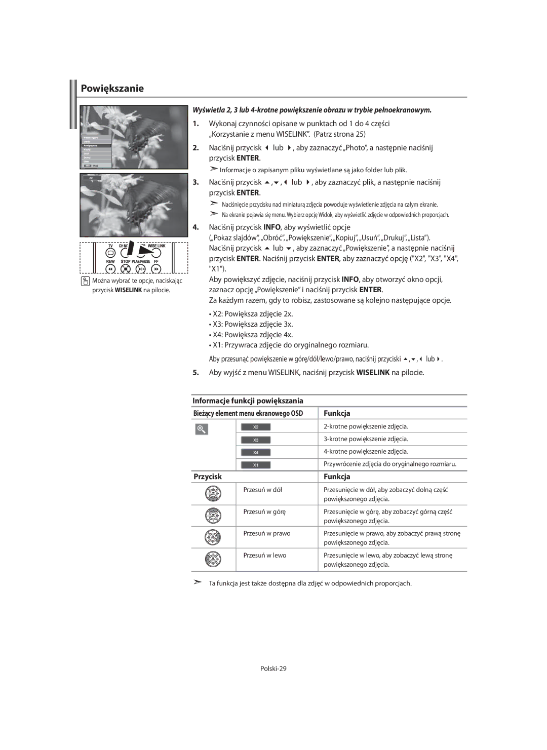 Samsung LE40F7, LE46F7 manual Powiększanie, Informacje funkcji powiększania, Przycisk Funkcja, Krotne powiększenie zdjęcia 