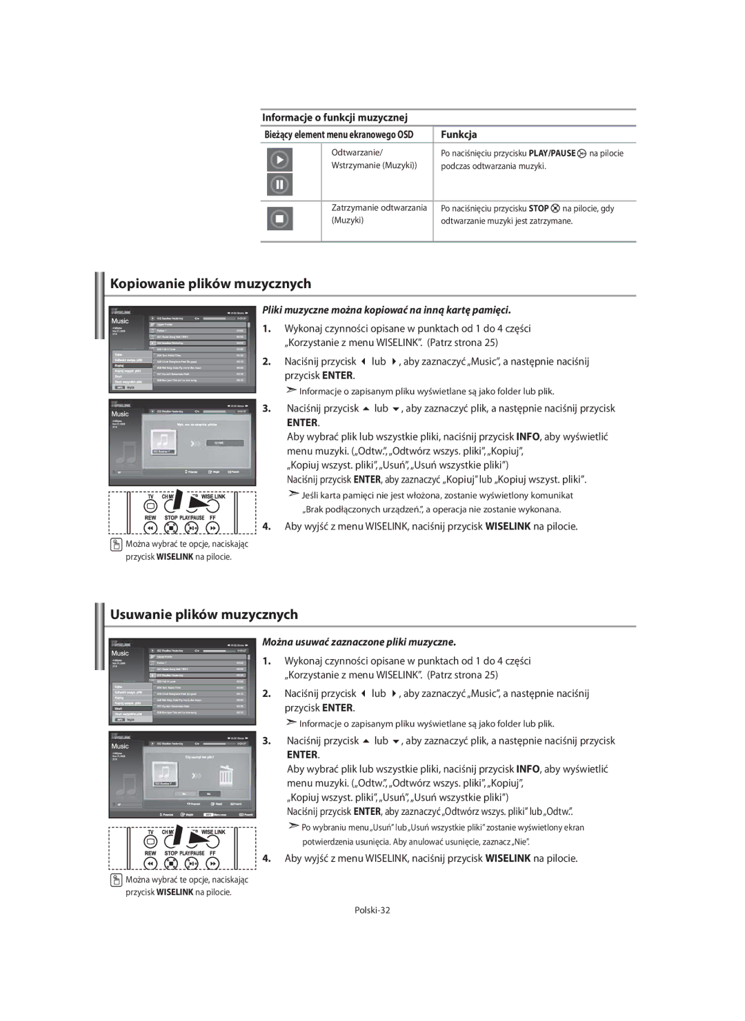 Samsung LE46F7, LE40F7 manual Kopiowanie plików muzycznych, Usuwanie plików muzycznych, Informacje o funkcji muzycznej 