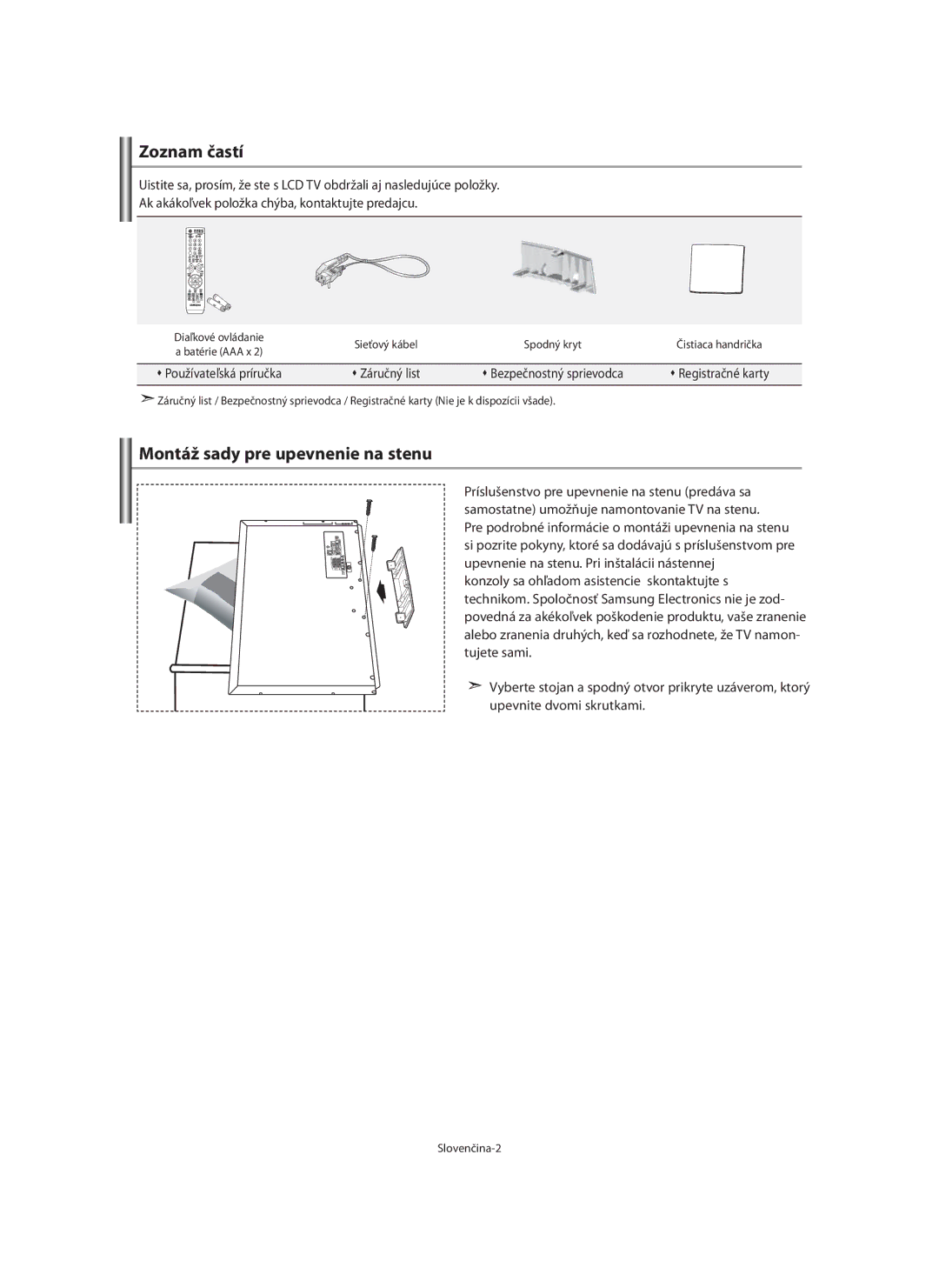 Samsung LE46F7, LE40F7 manual Zoznam častí, Montáž sady pre upevnenie na stenu, Spodný kryt, Slovenčina-2 