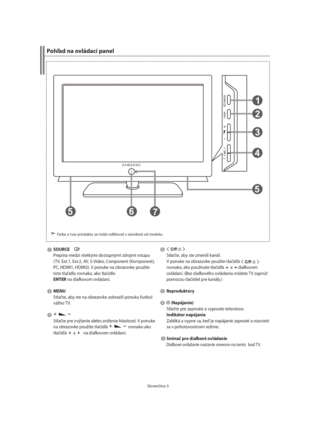 Samsung LE40F7 manual Pohľad na ovládací panel, Reproduktory Napájanie, Indikátor napájania, Snímač pre diaľkové ovládanie 