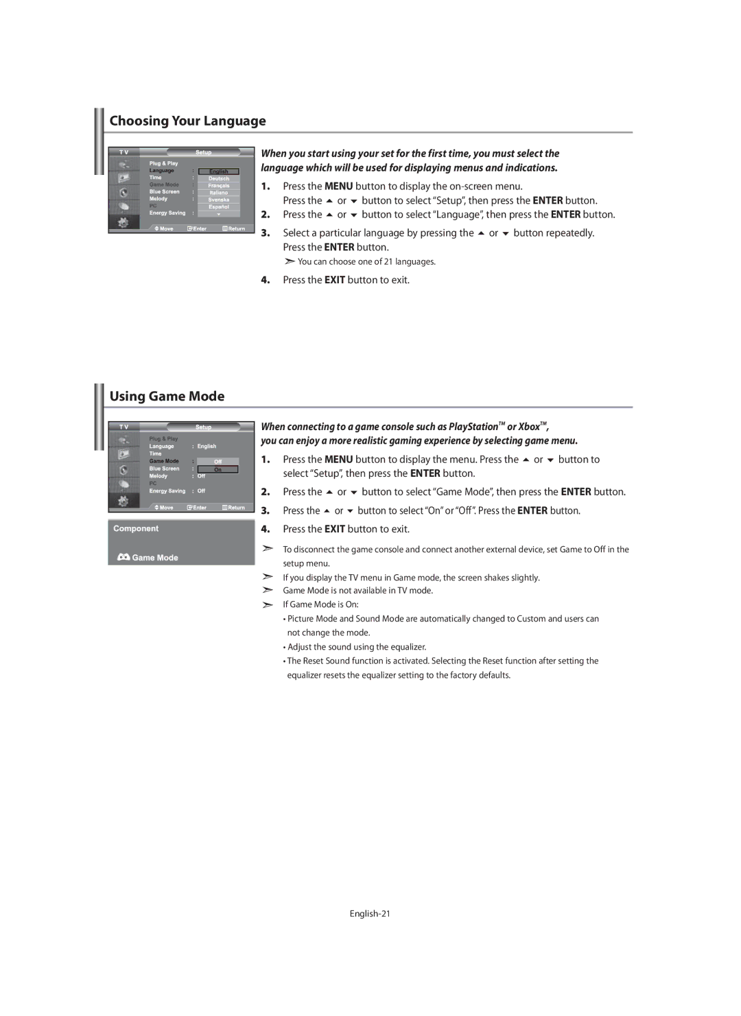 Samsung LE40F7, LE46F7 manual Choosing Your Language, Using Game Mode, Press the Menu button to display the on-screen menu 