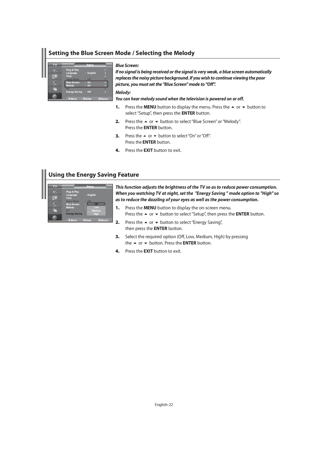 Samsung LE46F7, LE40F7 Setting the Blue Screen Mode / Selecting the Melody, Using the Energy Saving Feature, English-22 