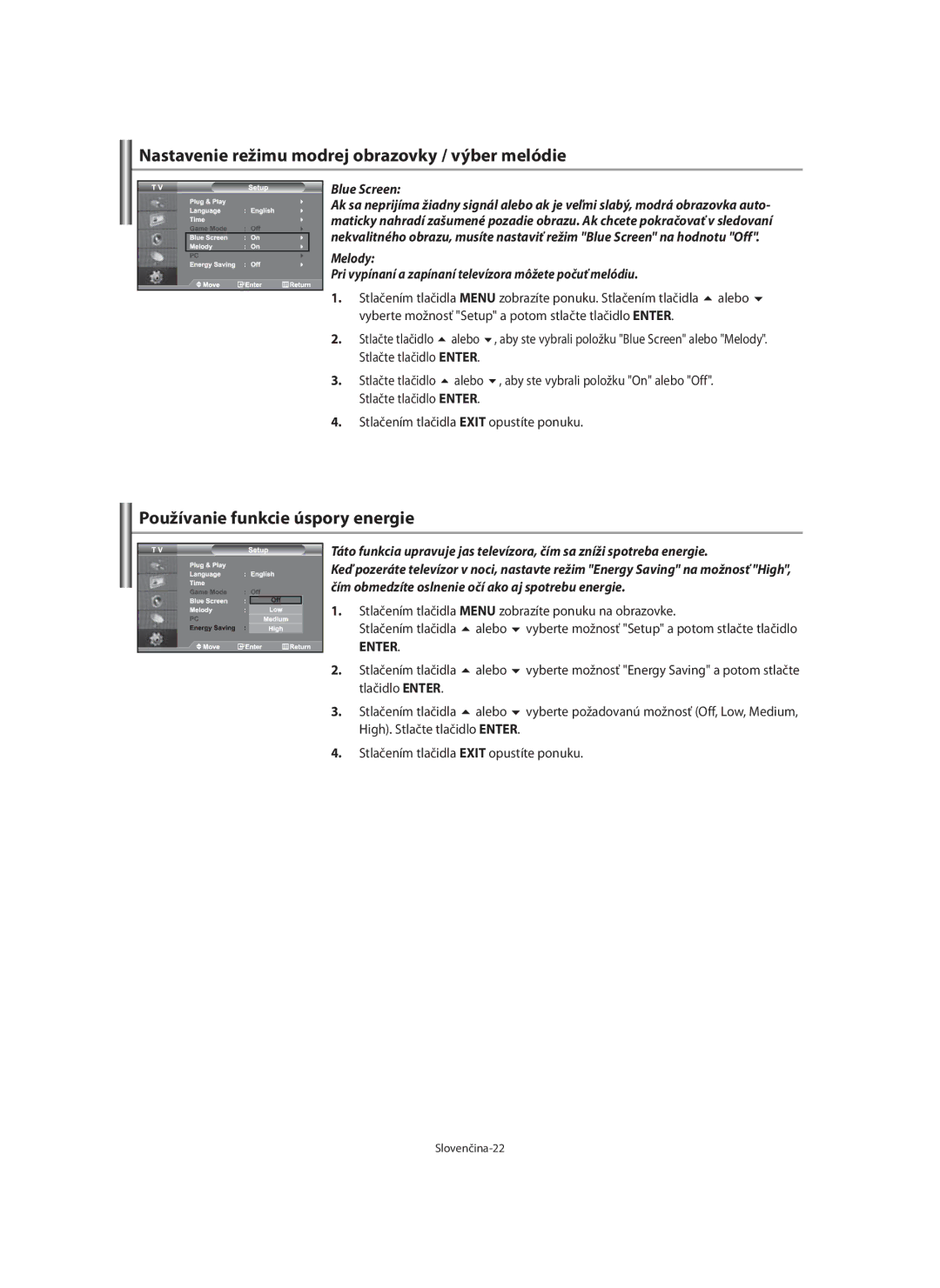 Samsung LE46F7, LE40F7 manual Nastavenie režimu modrej obrazovky / výber melódie, Používanie funkcie úspory energie 