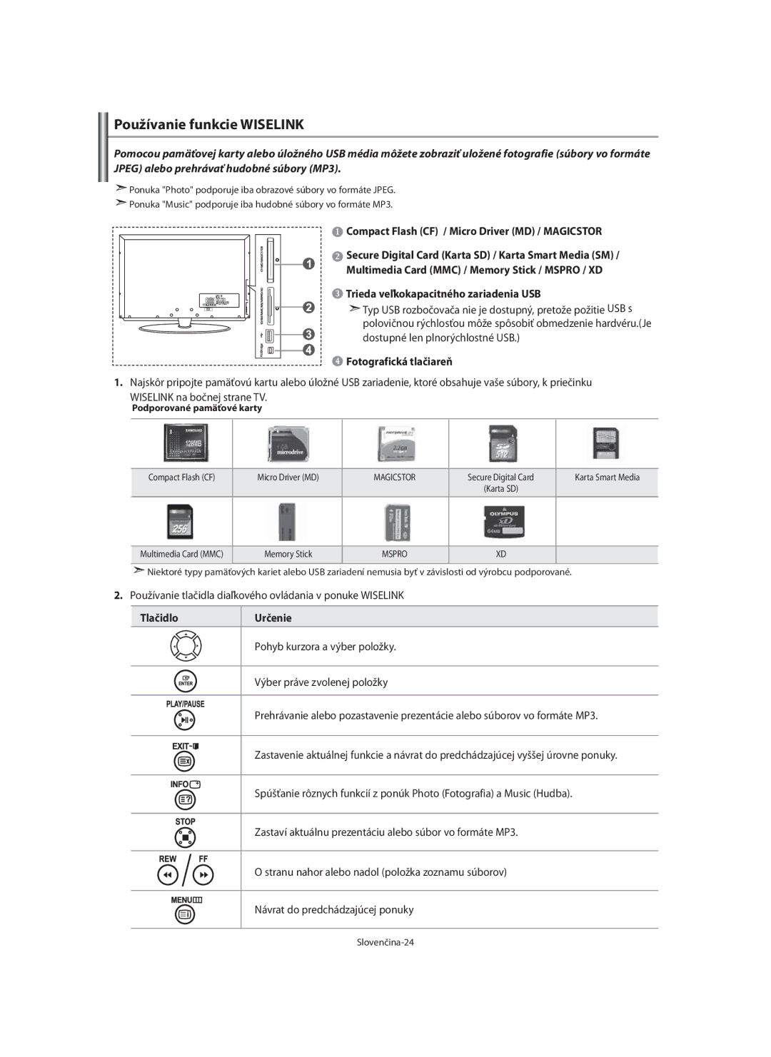 Samsung LE46F7, LE40F7 manual Používanie funkcie Wiselink, Fotografická tlačiareň, Tlačidlo Určenie 