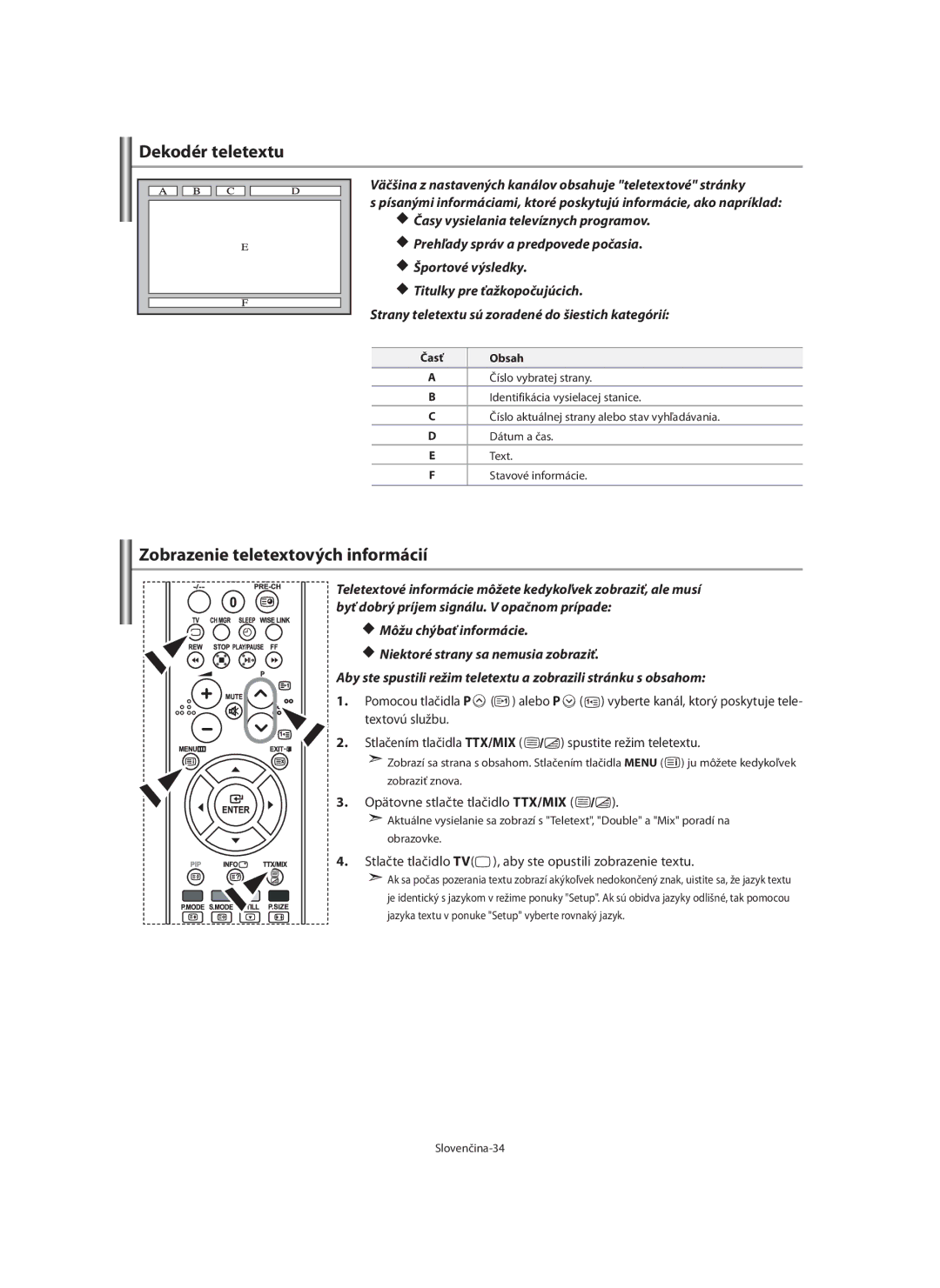 Samsung LE46F7 manual Dekodér teletextu, Zobrazenie teletextových informácií, Opätovne stlačte tlačidlo TTX/MIX, Časť Obsah 