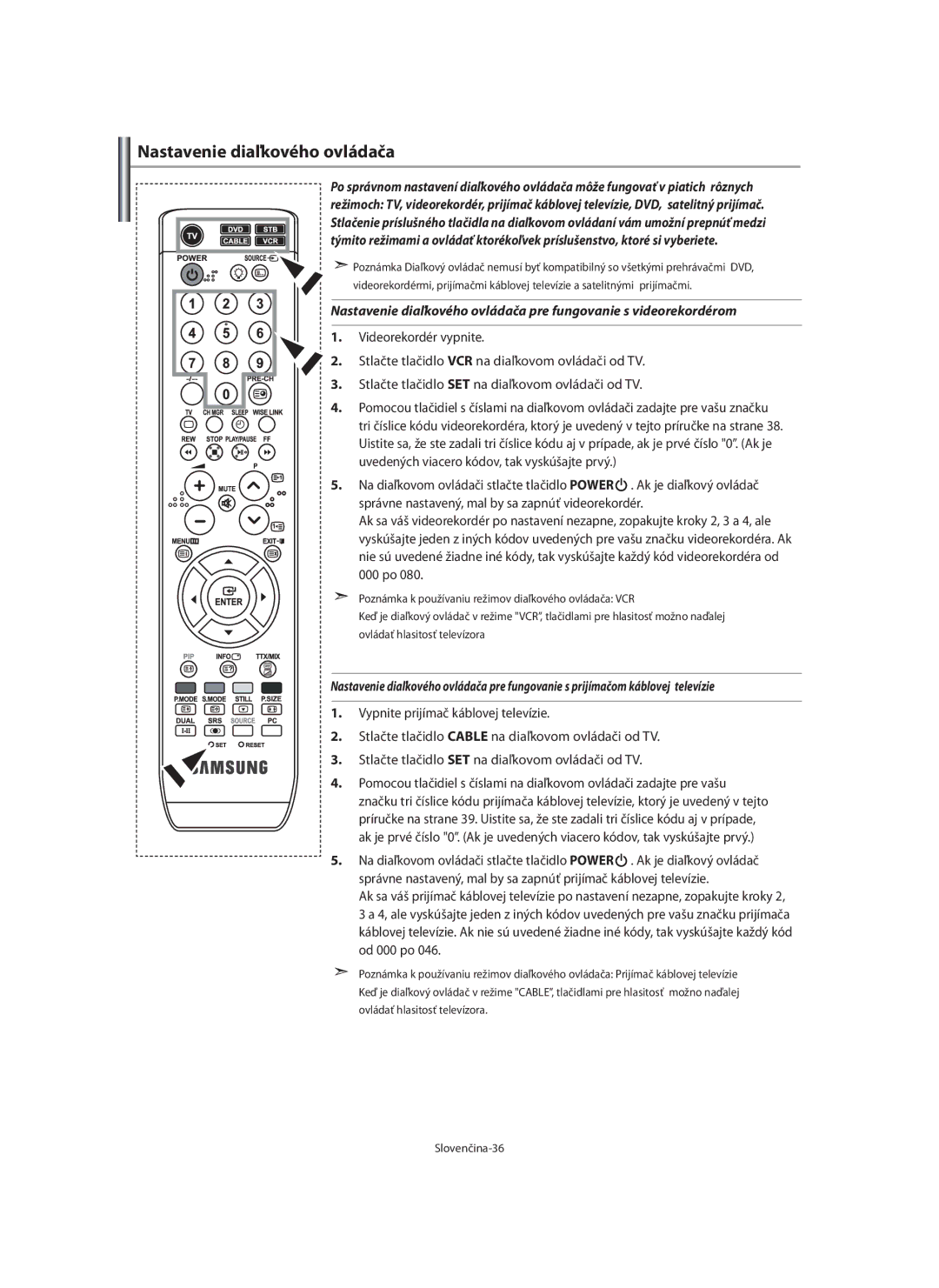 Samsung LE46F7, LE40F7 manual Nastavenie diaľkového ovládača 