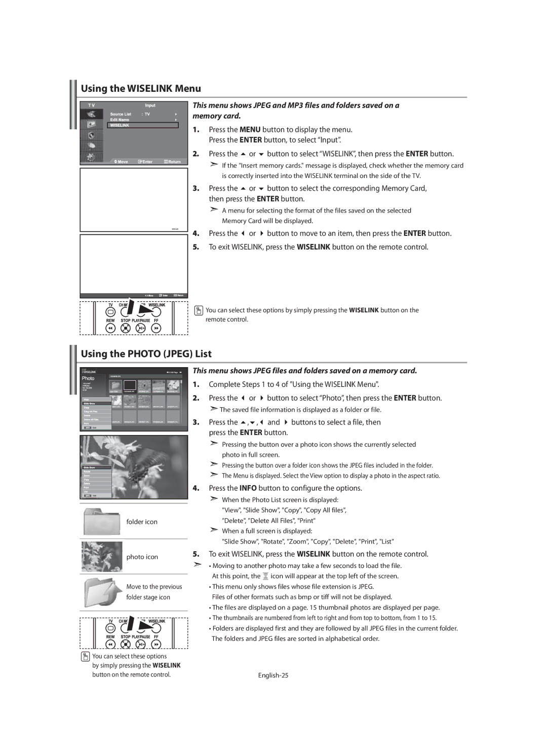 Samsung LE40F7, LE46F7 Using the Photo Jpeg List, Complete Steps 1 to 4 of Using the Wiselink Menu Press, Press the 