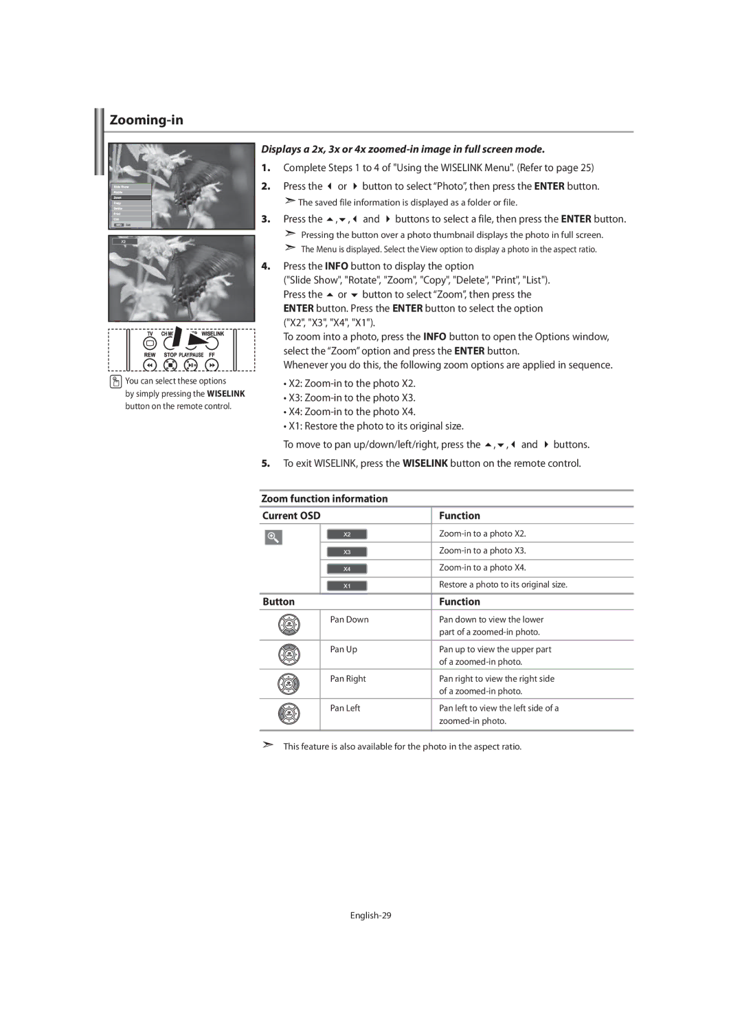 Samsung LE40F7, LE46F7 manual Zooming-in, Displays a 2x, 3x or 4x zoomed-in image in full screen mode, Button Function 