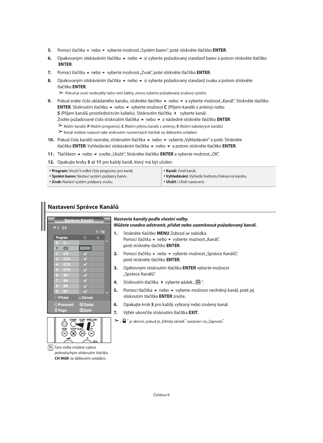 Samsung LE40F7, LE46F7 manual Nastavení Správce Kanálů 