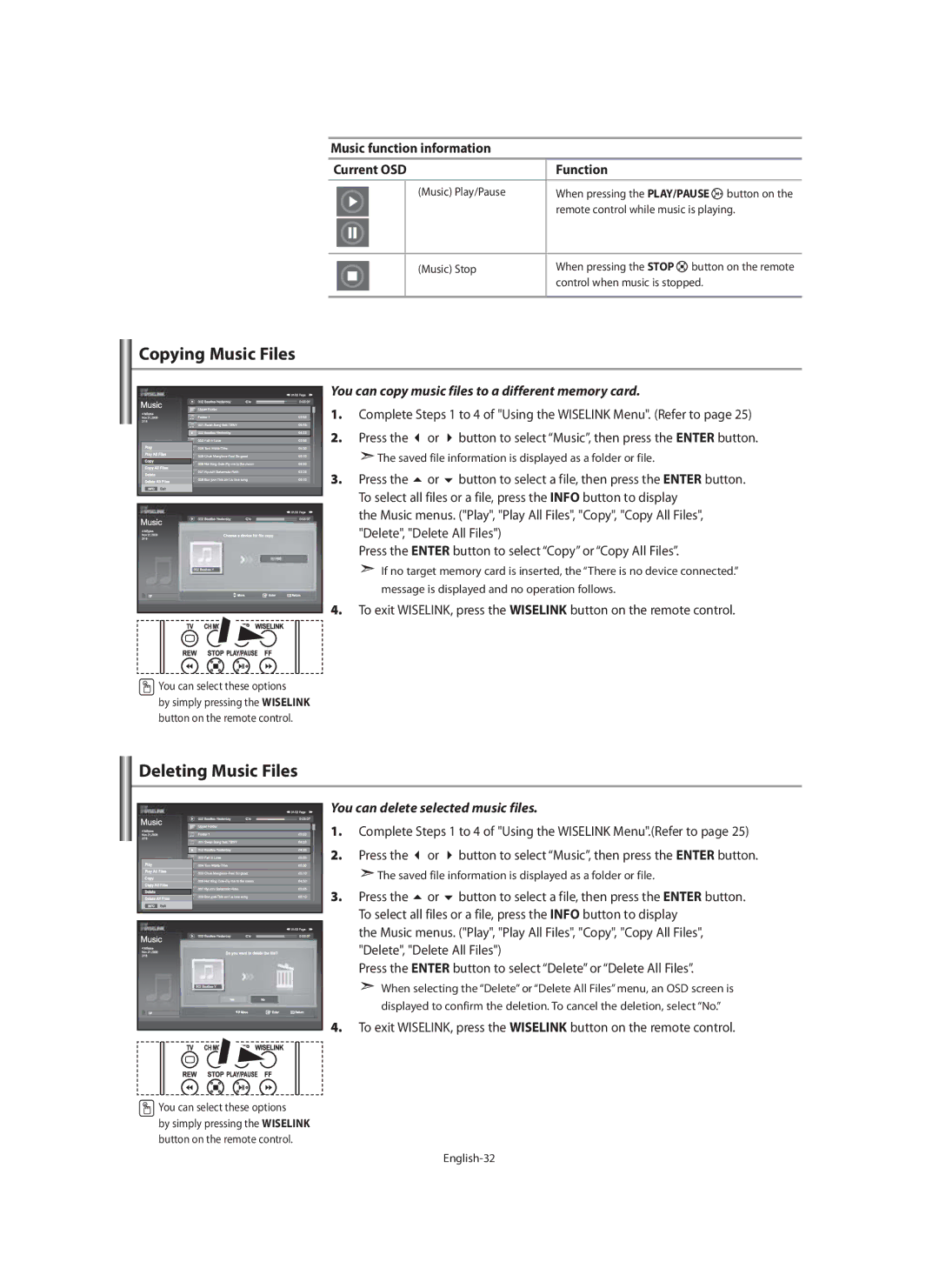 Samsung LE46F7, LE40F7 manual Copying Music Files, Deleting Music Files, Music function information Current OSD Function 