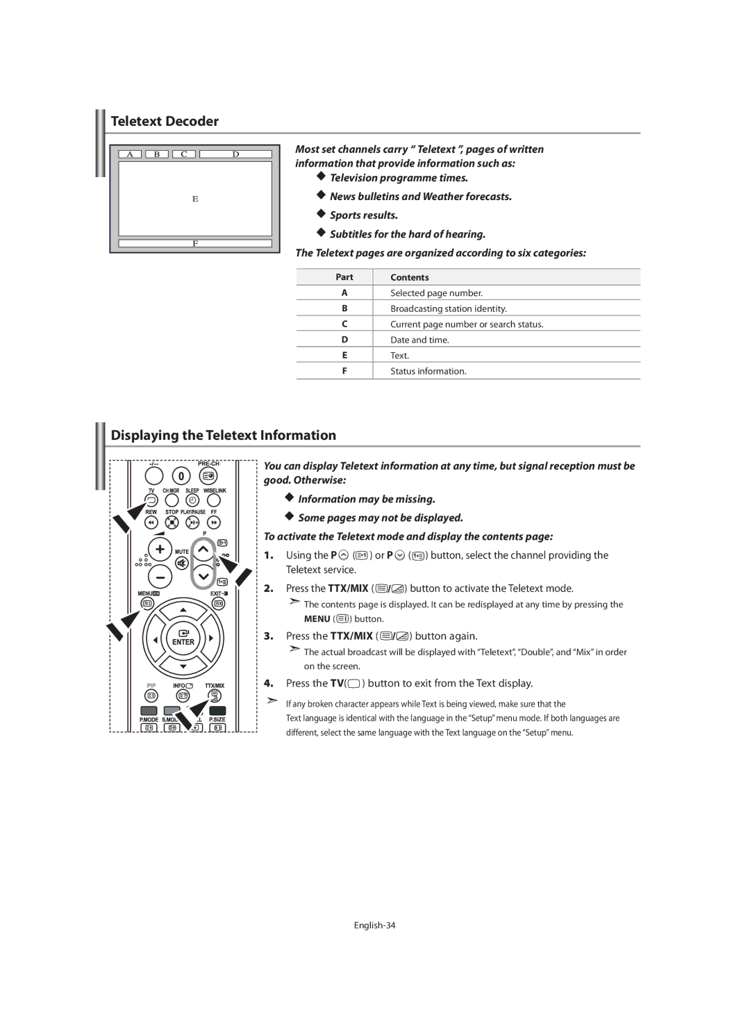 Samsung LE46F7 manual Teletext Decoder, Displaying the Teletext Information, Press the TTX/MIX button again, Part Contents 