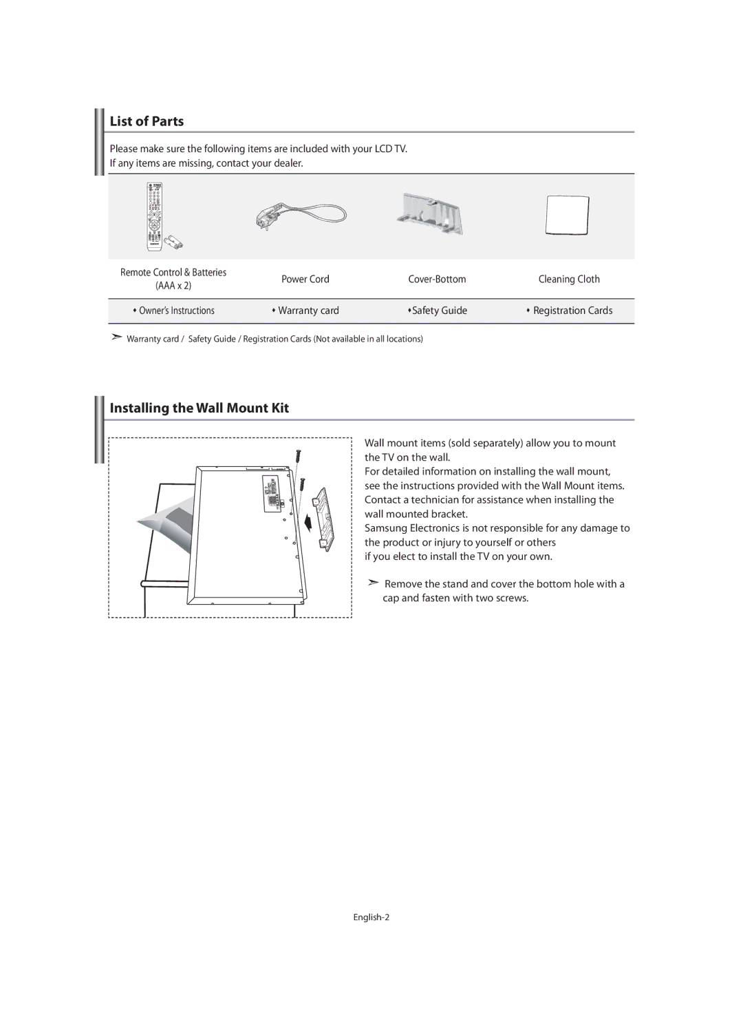 Samsung LE46F7, LE40F7 manual List of Parts, Installing the Wall Mount Kit, Cover-Bottom, ŒSafety Guide 