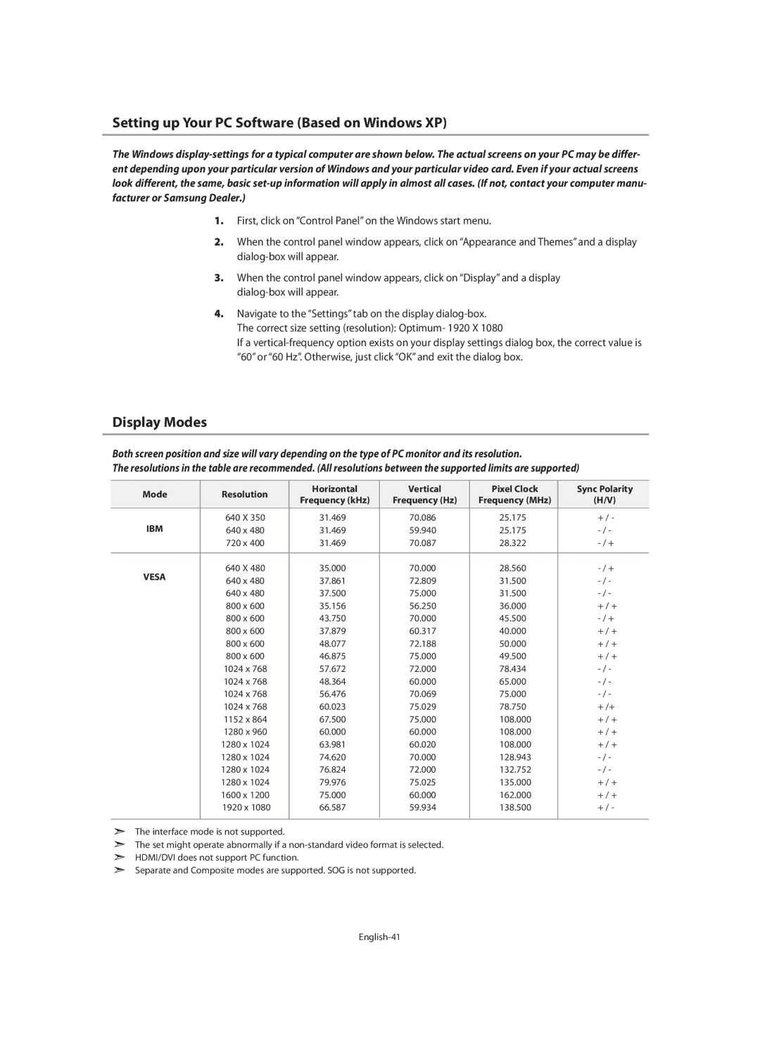 Samsung LE40F7, LE46F7 manual Setting up Your PC Software Based on Windows XP, Display Modes 
