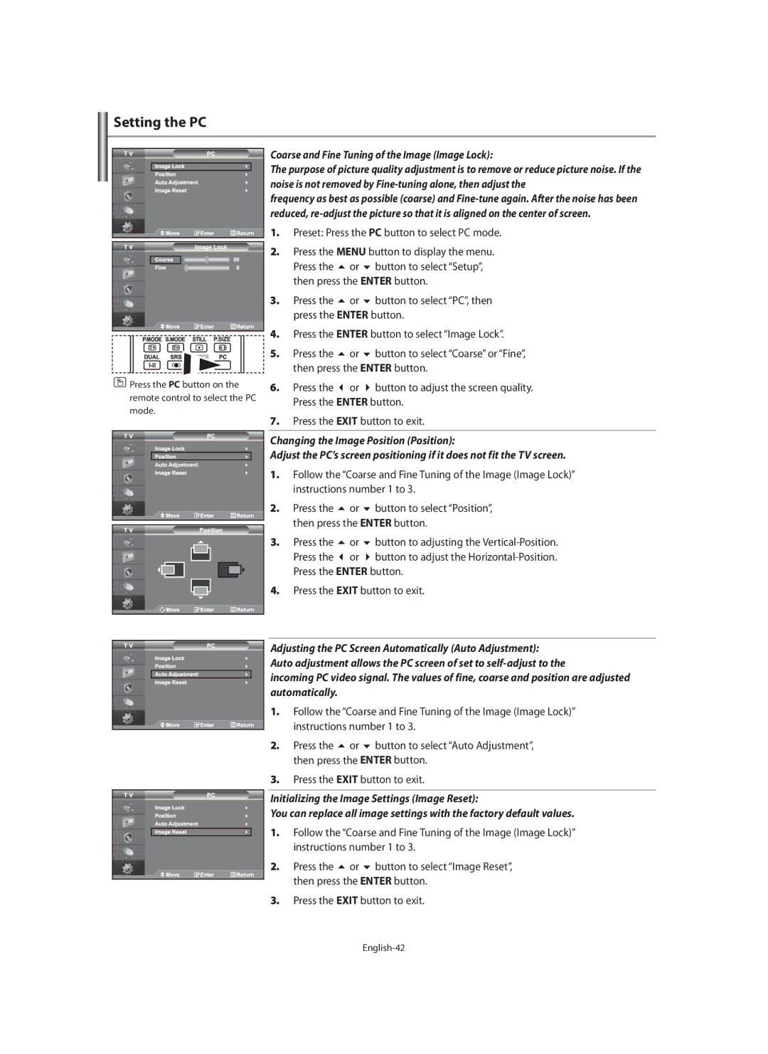 Samsung LE46F7, LE40F7 manual Setting the PC, Press the Enter button to select Image Lock, Instructions number 1 to 