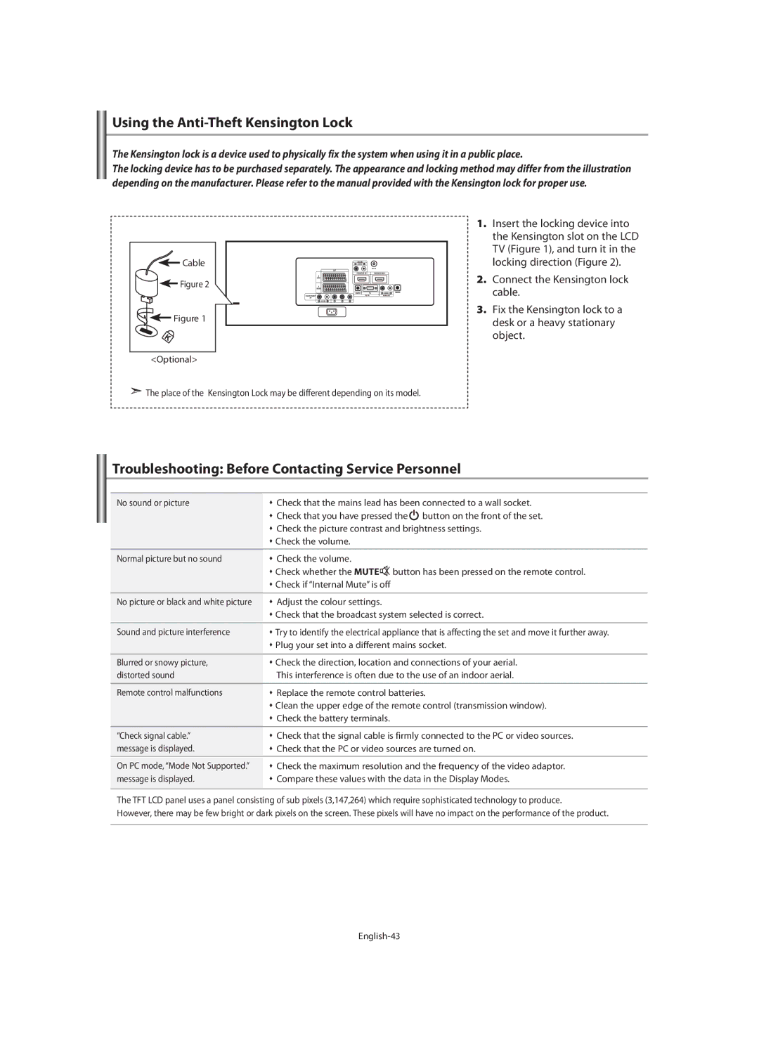 Samsung LE40F7, LE46F7 manual Using the Anti-Theft Kensington Lock, Troubleshooting Before Contacting Service Personnel 