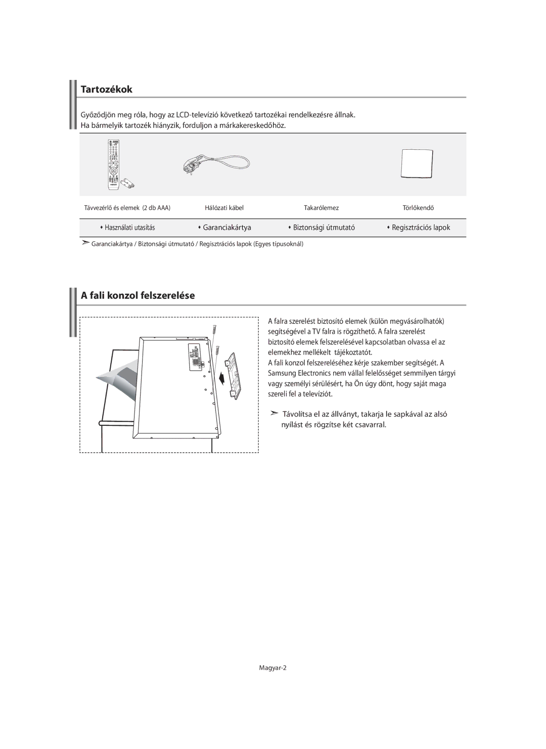 Samsung LE46F7, LE40F7 manual Tartozékok, Fali konzol felszerelése, Œ Garanciakártya, Magyar-2 