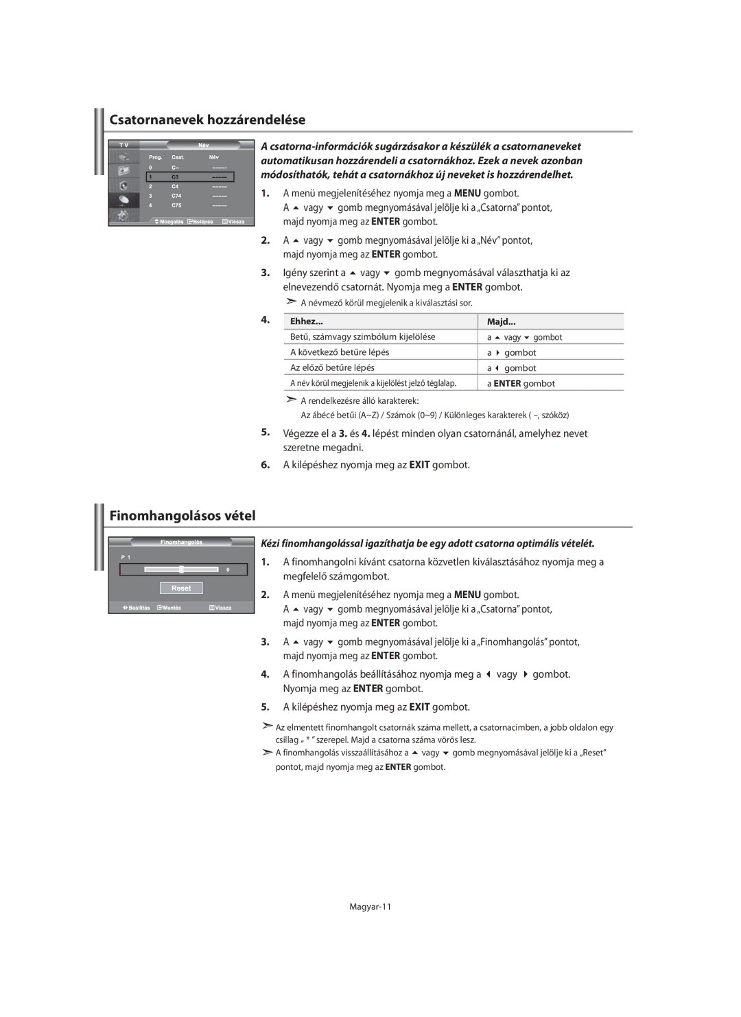 Samsung LE40F7, LE46F7 manual Csatornanevek hozzárendelése, Finomhangolásos vétel 