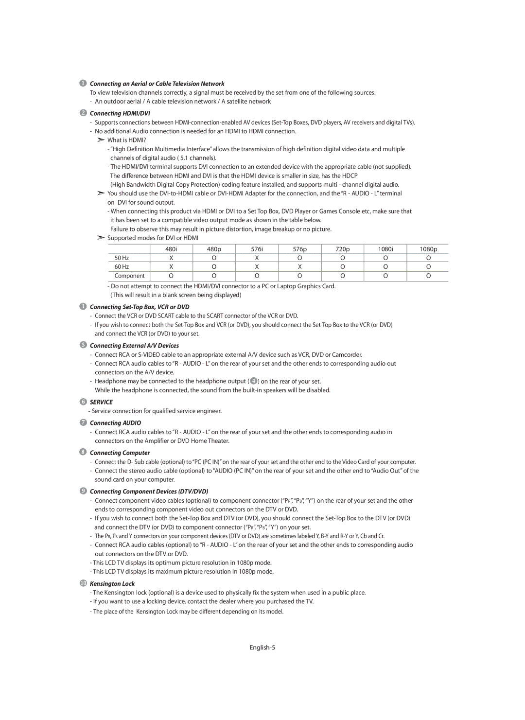 Samsung LE40F7, LE46F7 Connecting an Aerial or Cable Television Network, Service connection for qualified service engineer 