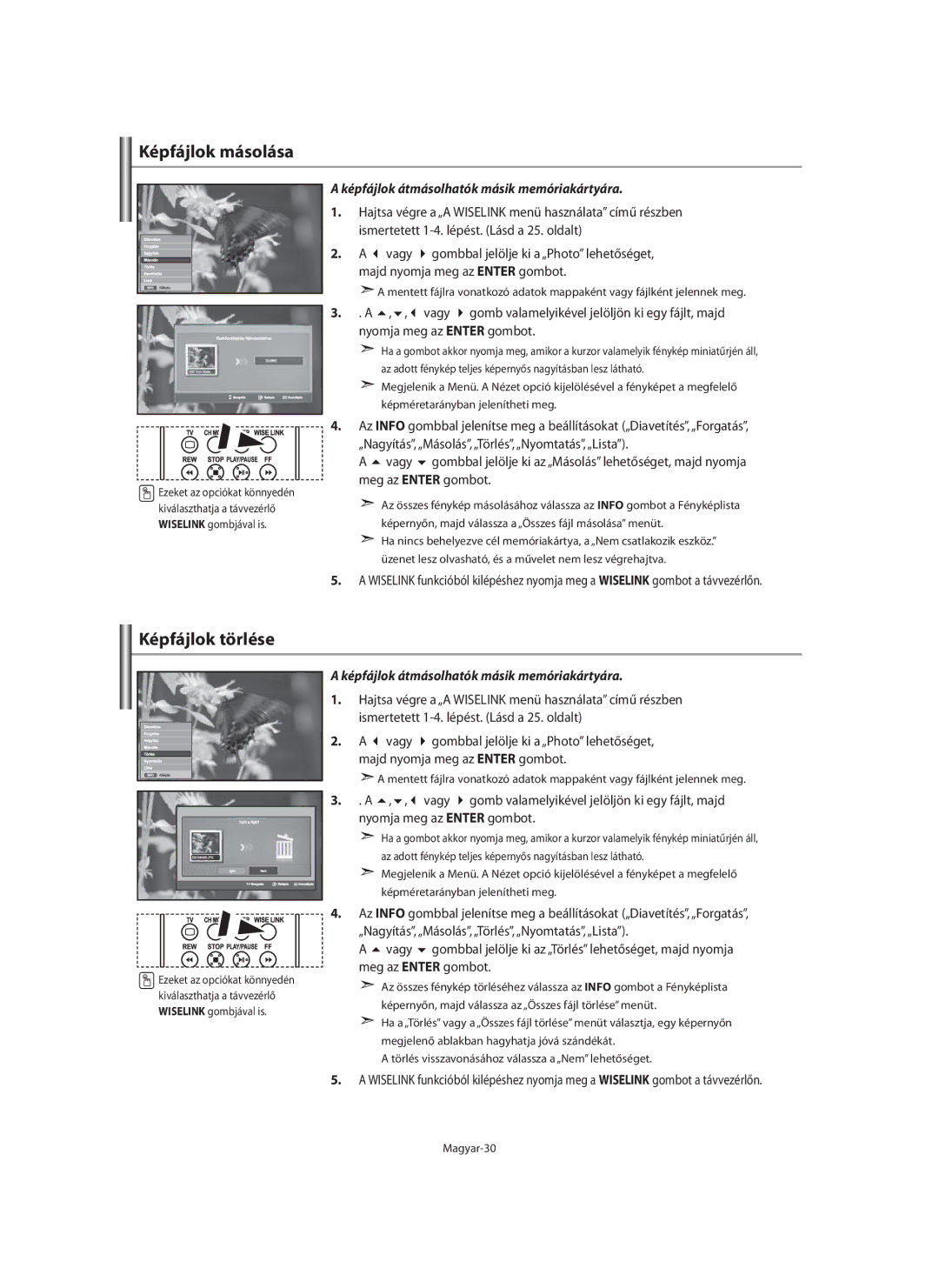 Samsung LE46F7, LE40F7 manual Képfájlok másolása, Képfájlok törlése, Képfájlok átmásolhatók másik memóriakártyára 