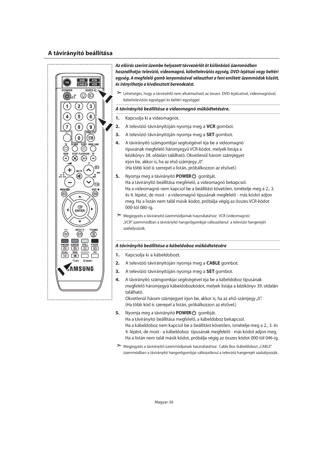 Samsung LE46F7 Távirányító beállítása a videomagnó működtetésére, Távirányító beállítása a kábeldoboz működtetésére 