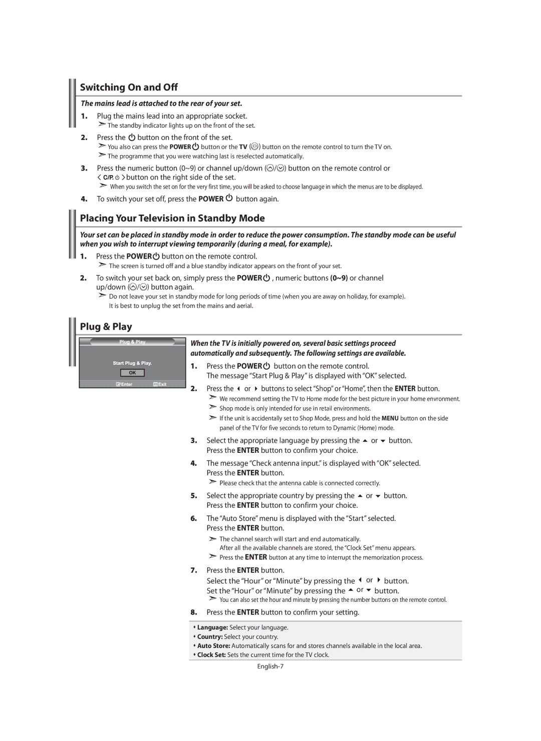 Samsung LE40F7, LE46F7 manual Switching On and Off, Placing Your Television in Standby Mode, Plug & Play 