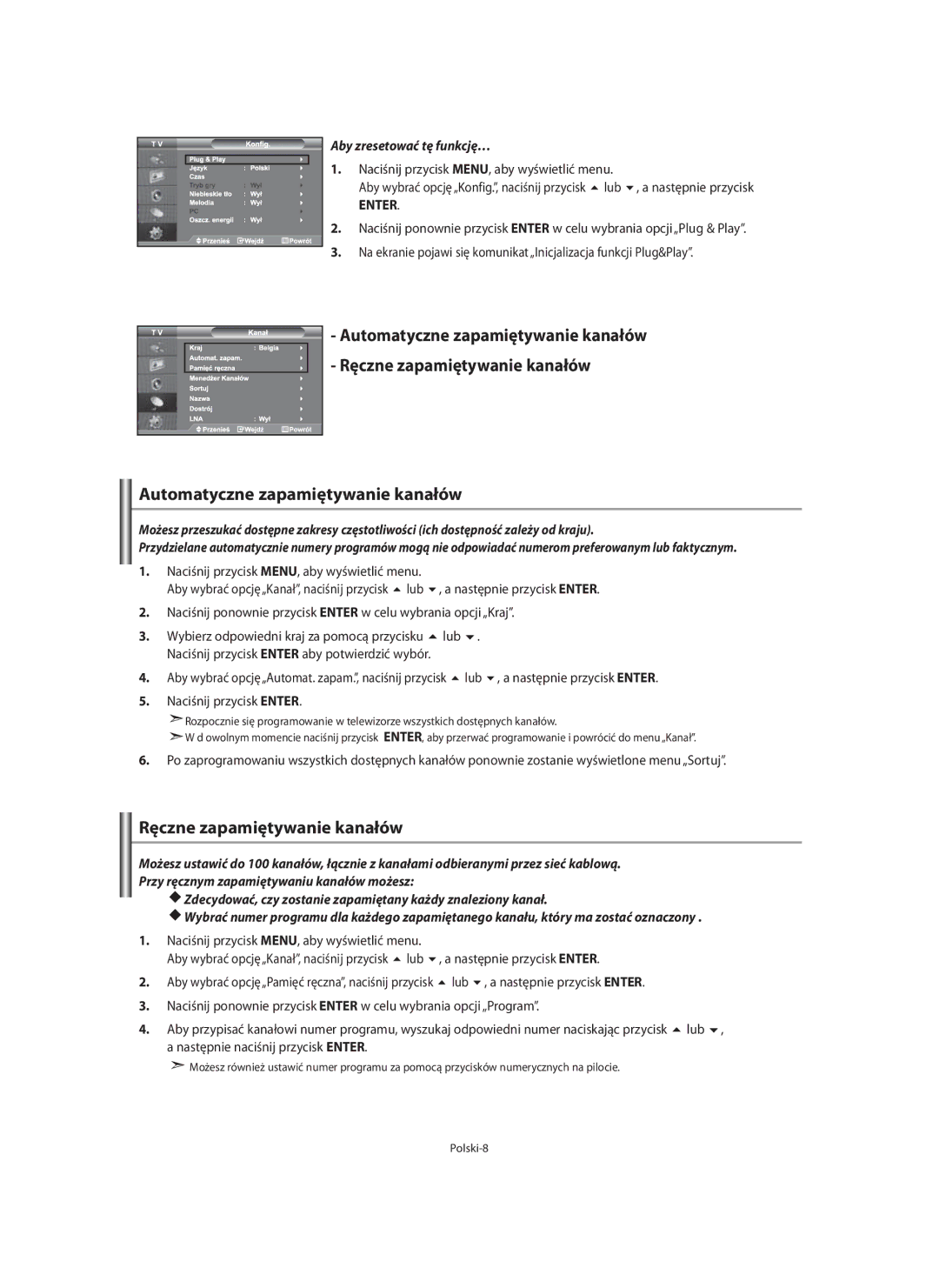 Samsung LE46F7, LE40F7 manual Ręczne zapamiętywanie kanałów, Automatyczne zapamiętywanie kanałów, Aby zresetować tę funkcję… 