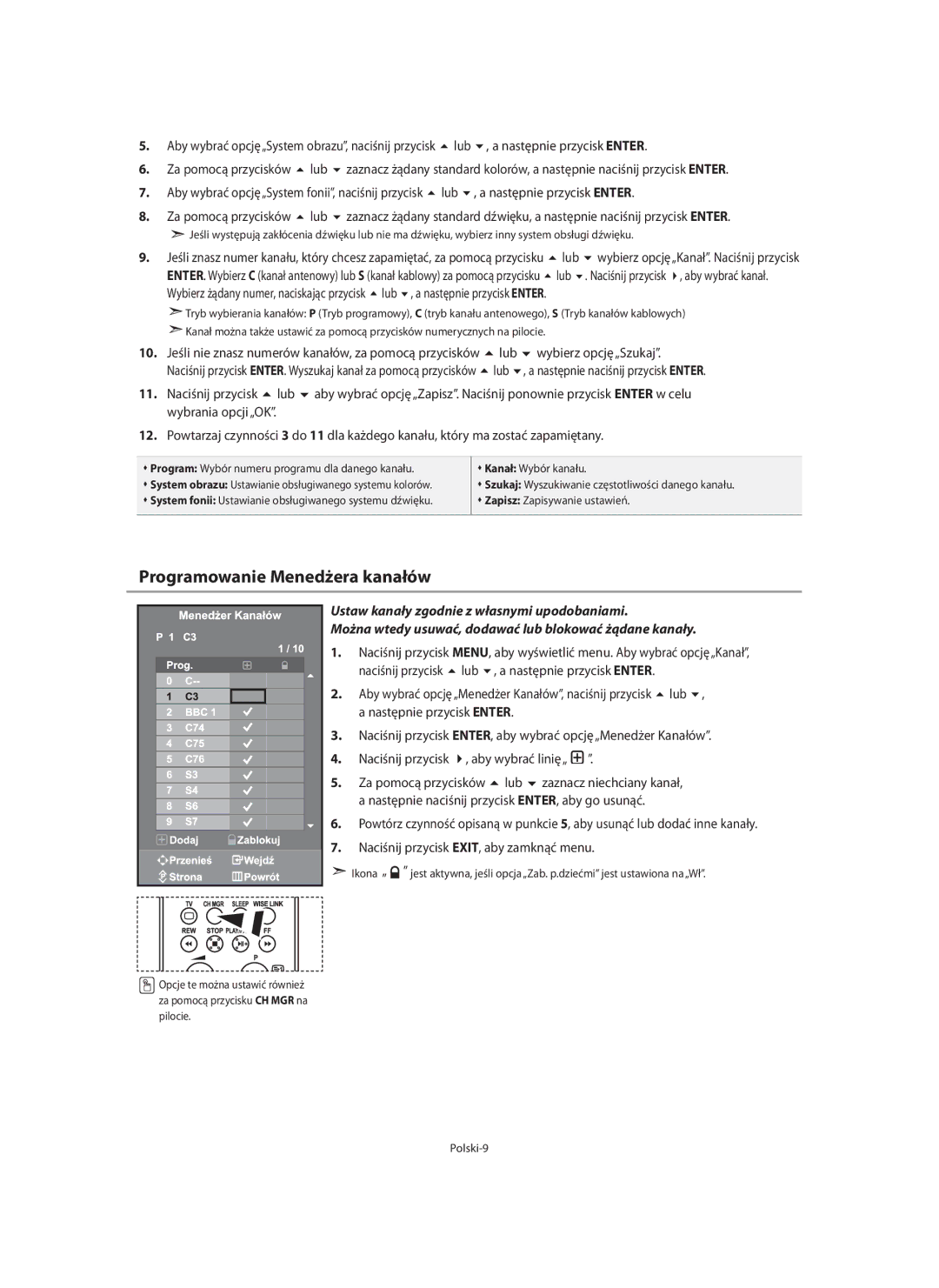 Samsung LE40F7, LE46F7 manual Programowanie Menedżera kanałów 